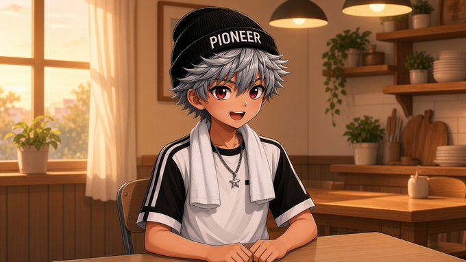 An anime-style character with silver hair and red eyes, wearing a black beanie labeled "PIONEER," sits smiling in a warmly lit café kitchen with plants and a window view. The cheerful "Good morning" greeting aligns with the character's bright, welcoming expression, setting a positive tone for the day.