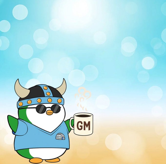 An illustration of a cute cartoon penguin character wearing a Viking helmet and sunglasses, holding a mug labeled 'GM' against a blue background with bubble effects.