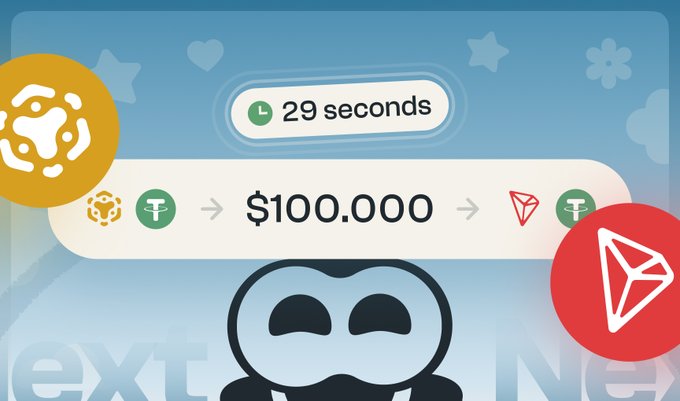 A graphic showing a crypto swap interface with a 29 second timer, $100.000 transfer amount, BNB and Tether icons, a panda-like hooded character, and the Tron logo.