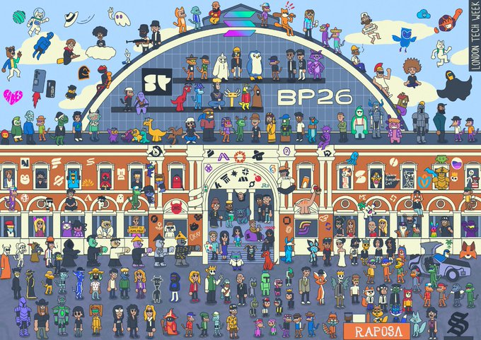 The image features a large cartoon drawing of a building with many people inside, including some wearing costumes. The text in the image reads "Solana Wally is hiding at London Tech Week! Find him to win up to £1k in prizes ↓". This suggests that there might be a hidden character or figure within the building who is seeking out Solana, a popular character from the video game series "The Legend of Zelda: Twilight Princess", and they are competing for a prize. The post also mentions that the winner will receive up to £1k in prizes.