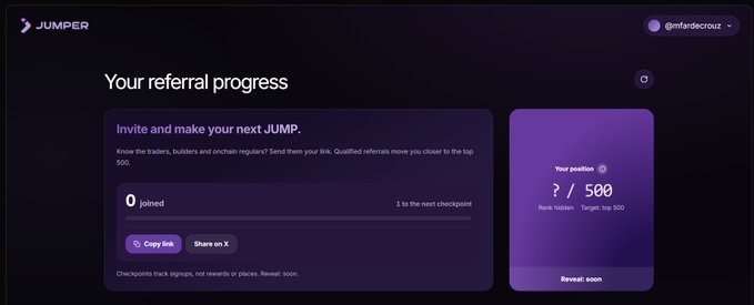 A screenshot of a Jumper referral progress dashboard showing '0 joined' and a current position of '? / 500' with the username @enfadecrouz displayed in the corner.