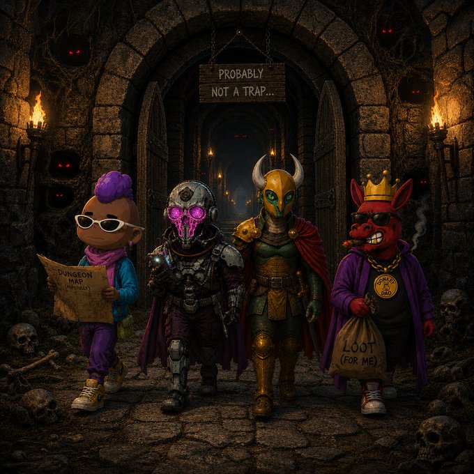 Four stylized cartoon adventurers stand at the entrance of a dark dungeon beneath a sign reading 'PROBABLY NOT A TRAP...', including a purple-haired character with a 'DUNGEON MAP (PROBABLY)' and a red figure clutching a 'LOOT (FOR ME)' sack.