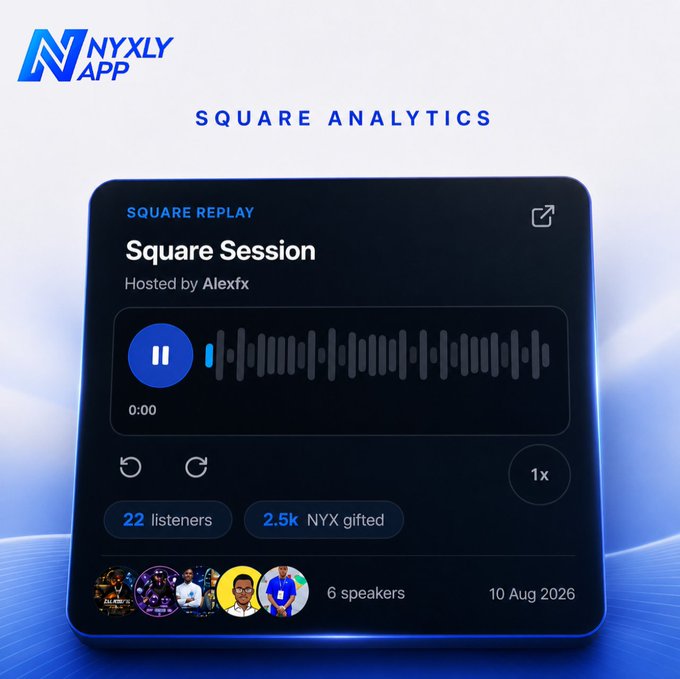 A promotional graphic for 'NYXLY APP' featuring a 'SQUARE ANALYTICS' interface for 'SQUARE REPLAY' of a 'Square Session' hosted by Alexfx with audio playback, showing 22 listeners, 2.5k NYX gifted, 6 speakers, and dated 10 Aug 2026.