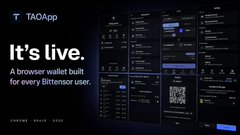 A promotional banner for TAO App stating 'It's live. A browser wallet built for every Bittensor user.' with a dark-themed interface displayed on the right.