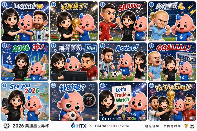 A 12-panel sticker set for HTX x FIFA World Cup 2026 featuring cartoon characters, real soccer stars like Messi, and text including 'Legend', 'SUUUU!', 'GOALLLL!', and 'To The Final!' celebrating various football moments.