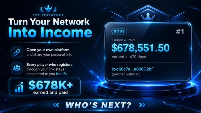 Promotional graphic for a referral program showing "TOP PERFORMER" status with earnings of $678,551.50 "Earned & Paid" over 479 days, featuring the wallet ID 0xc68c7a...e660c2bf, alongside the tagline "Turn Your Network Into Income."
