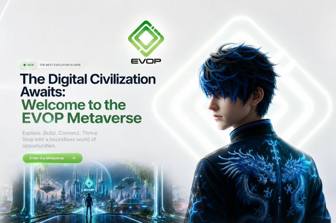 The image is a promotional banner for the EVOP Metaverse, featuring a futuristic cityscape and a blue-haired character with a glowing dragon design on their jacket, alongside the text "The Digital Civilization Awaits: Welcome to the EVOP Metaverse" and an "Enter the Metaverse" call-to-action button.
