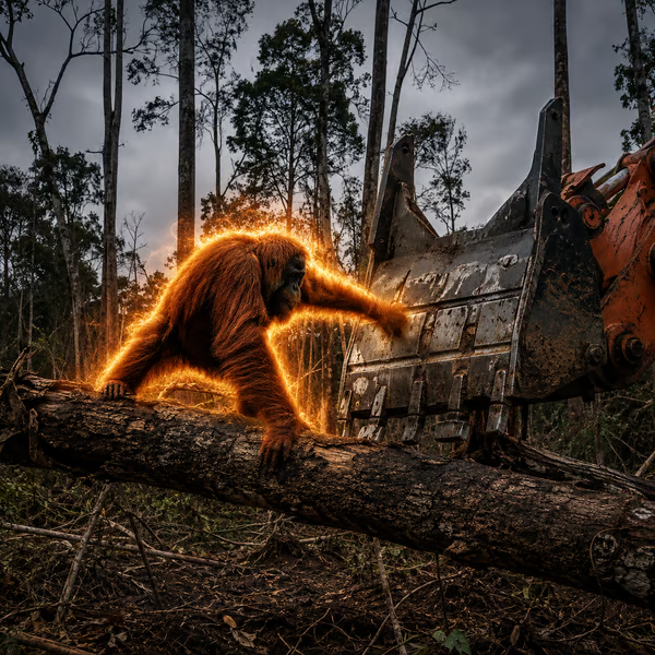 A glowing, fiery orange bear perches aggressively on a fallen log in a barren forest beside the rusting bucket of an excavator, evoking the imagery of a "burning bear market." The dramatic, apocalyptic scene visually echoes the post's scolding tone toward someone whose investments were "cooked," using the destruction of the forest as a metaphor for their losses.