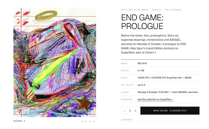 A webpage for 'END GAME: PROLOGUE' displays colorful abstract artwork on the left and text on the right detailing a '66, blind' mint, '0.0026 ETH' price, and a mint date of 'Monday 5 October, 17:00 BST'.