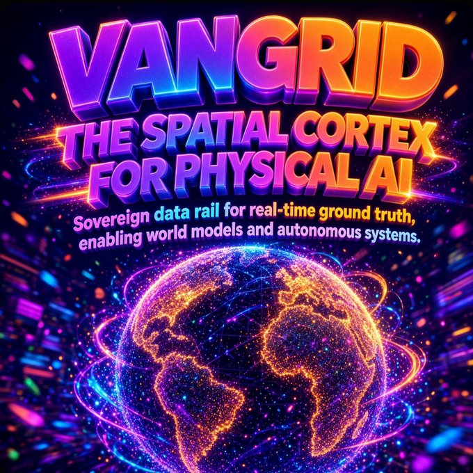 A vibrant promotional graphic for "VANGRID" describing it as "THE SPATIAL CORTEX FOR PHYSICAL AI," featuring a glowing, neon-lit globe with the tagline "Sovereign data rail for real-time ground truth, enabling world models and autonomous systems."
