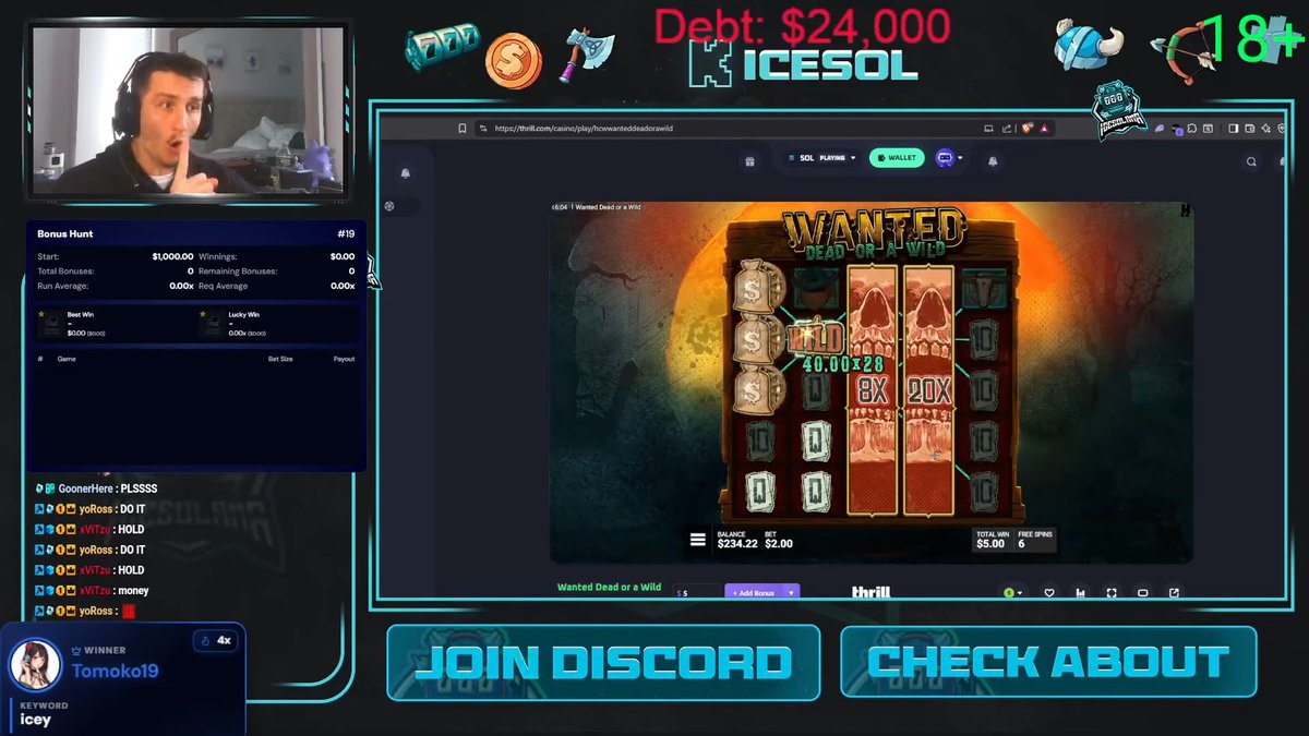 A Twitch livestream screenshot of a streamer playing the slot game 'Wanted Dead or a Wild' on ICESOL, displaying a debt of $24,000, a chat with viewers, and 'JOIN DISCORD' and 'CHECK ABOUT' buttons.