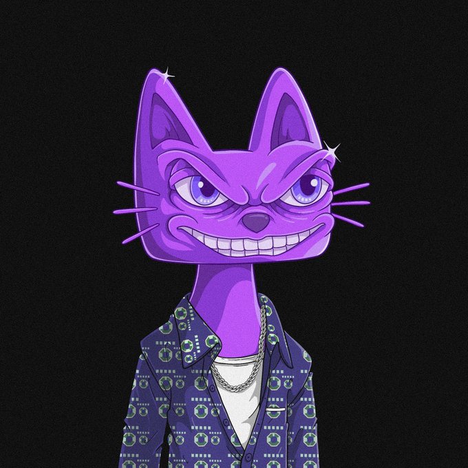 A stylized digital illustration of a purple cat-like character with a wide toothy grin, wearing a blue patterned shirt and silver chain necklace against a black background.