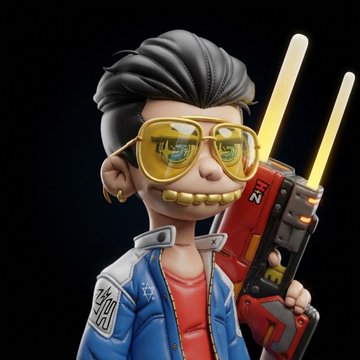 A stylized 3D cartoon character with slicked black hair, gold sunglasses, and a gold-toothed grin holds a futuristic red and black blaster, wearing a blue jacket over a red shirt. The bold, edgy NFT-style artwork fits perfectly with the post, suggesting the creator reimagined the avatar style for a new crypto collection inspired by ZTH Academy's distinctive art aesthetic.