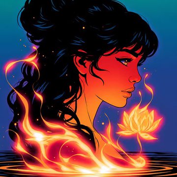A stylized digital illustration shows a woman in profile with flowing black hair, surrounded by fiery orange and yellow flames, with a glowing lotus flower floating near her, evoking "something greater" than oneself. The image visually echoes the accompanying message "Believe in somETHing.. ★," using the woman rising from fire to symbolize belief, strength, and spiritual awakening.