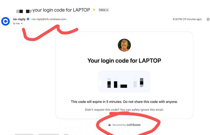 A screenshot of a Coinbase login code email sent from no-reply@info.coinbase.com, with the sender address and "Secured by coinbase" footer highlighted in red.
