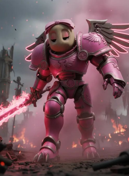A dramatic 3D rendered image of a character wearing pink Power Rangers-style armor with wings, a beret, and holding a glowing pink flaming sword, standing in a battlefield with ruins and fires in the background.