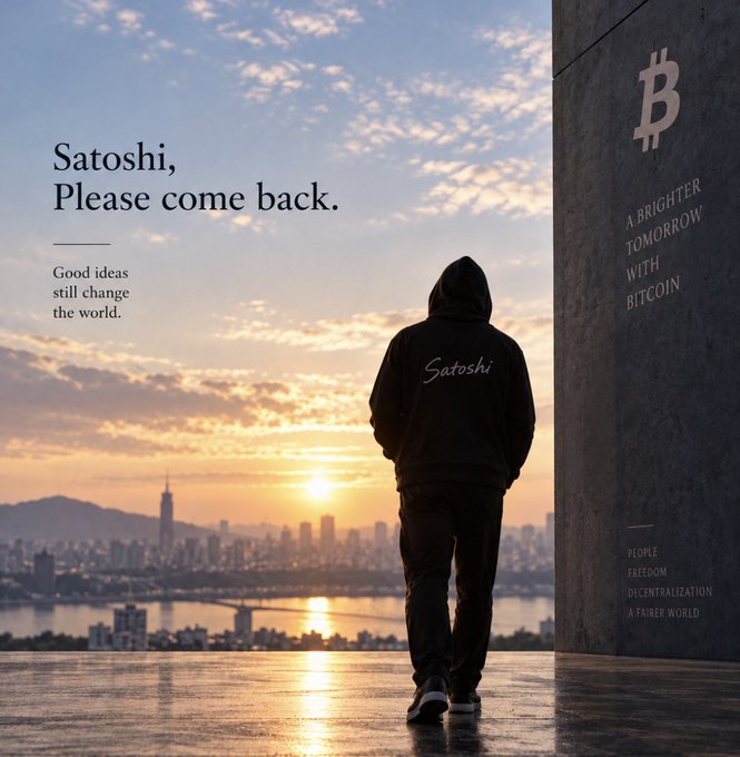 A Bitcoin-themed poster showing a hooded figure with 'Satoshi' written on the back looking at a sunset city skyline, with text 'Satoshi, Please come back' and 'A Brighter Tomorrow With Bitcoin'.