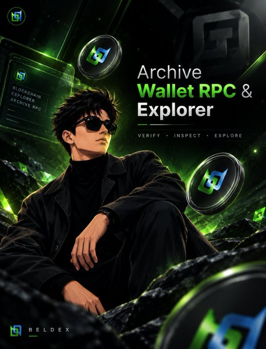 A promotional graphic for 'BELDEX' featuring an anime-style man in sunglasses and black clothing, with text advertising an 'Archive Wallet RPC & Explorer' and floating green and blue icons.