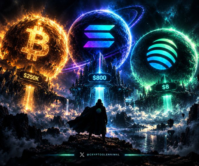 A dramatic digital illustration depicts three crypto-themed planets bearing Bitcoin, Solana, and Spotify logos, with price tags “$250K,” “$800,” and “$8”; the bottom reads “X @CRYPTOGLENIMAL.”