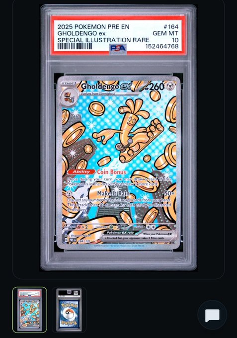 A PSA 10 graded '2025 POKEMON PRE EN GHOLDENGO ex #164 SPECIAL ILLUSTRATION RARE GEM MT' trading card, with thumbnail images of other cards below.