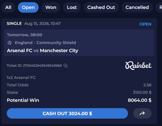 A screenshot of an open $3,150 betting ticket on a 1x2 Arsenal FC match against Manchester City at 2.56 odds, showing a potential win of $8,064 and a cash-out option of $3,024, humorously illustrating a way to turn $4,900 into something bigger.