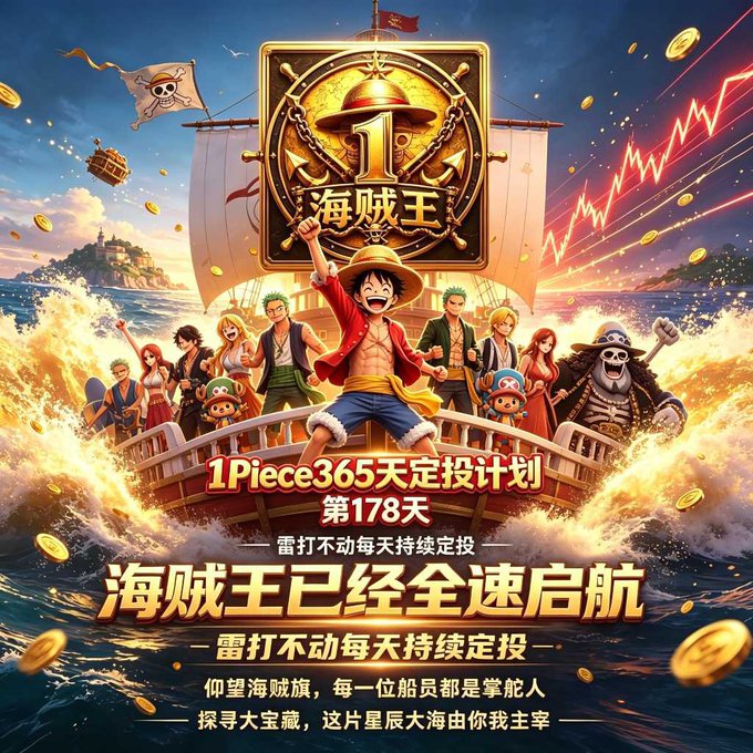 A promotional poster featuring One Piece characters on a ship with Chinese text including '海贼王' (Pirate King), '1Piece365天定投计划', and '第178天', celebrating a daily investment plan.