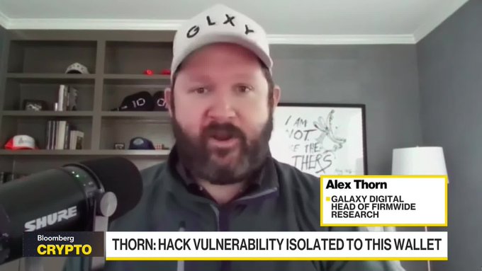 Alex Thorn, Head of Firmwide Research at Galaxy Digital, appears on Bloomberg Crypto wearing a GALAXY-branded cap, discussing the isolated hack vulnerability affecting CoinKite Coldcard hardware wallets, with on-screen text confirming "THORN: HACK VULNERABILITY ISOLATED TO THIS WALLET."