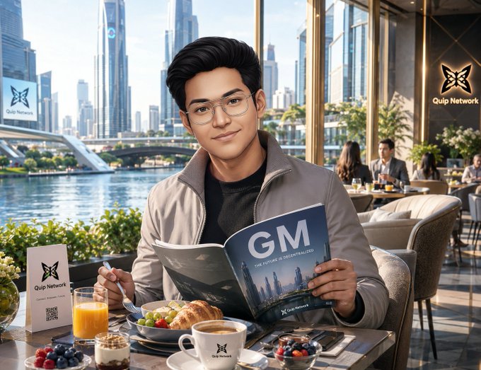 A young man with glasses sits at a riverside cafe reading a magazine titled 'GM' while enjoying breakfast, with 'Quip Network' branding visible on a sign, menu, and cup.