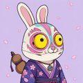 The image features a cartoon rabbit wearing a purple dress with pink flowers, standing against a purple background adorned with white clouds. The rabbit has a brown bag slung over its shoulder and a flower in its hair. The caption below the image reads "Giveaways 5 GTD Spots Burrowz NFT @BurrowzNFT @XGameFi_org Follow @BurrowzNFT @XGameFi_org Like, Rt this post & Cmt EVM wallet SuperGrok will pick the winners by the end of today!".