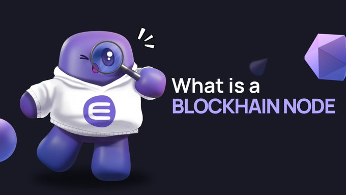 A 3D animated purple mascot with a magnifying glass accompanies the text 'What is a BLOCKCHAIN NODE' against a dark background.