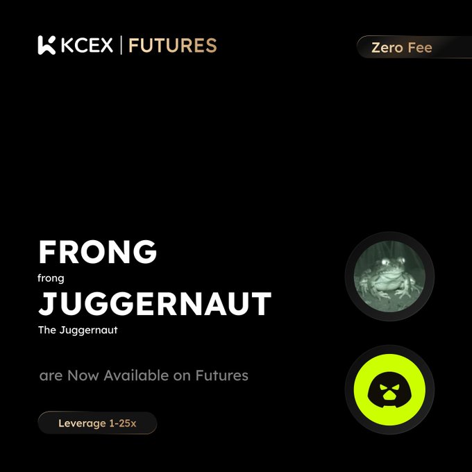 KCEX Futures promotional graphic announcing that FRONG (frong) and JUGGERNAUT (The Juggernaut) are now available on futures with Zero Fee and Leverage 1-25x.