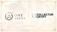 The image features a white banner with black text that says "One Arena" at the top and "Collector Crypt" below it. The banner also includes an image of a person's face, which could be a logo or a design element related to the gaming company.