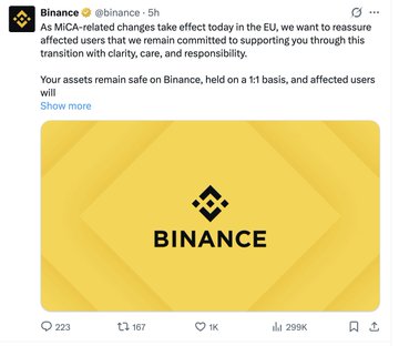 Binance (@binance) tweet about MiCA-related EU changes, assuring users their assets remain safe on a 1:1 basis with support for affected users.