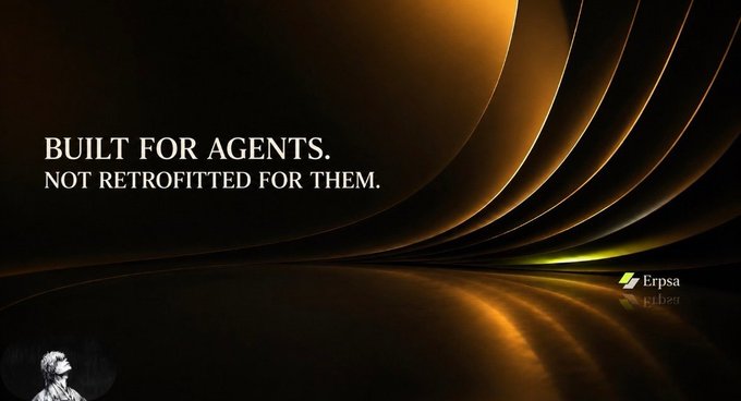 The image is a sleek promotional graphic for ErpsaChain featuring the tagline "BUILT FOR AGENTS. NOT RETROFITTED FOR THEM." in white text against a dark background with elegant golden curved light streaks, with the Erpsa logo in the bottom right. The visual reinforces the post's message by emphasizing that ErpsaChain was purpose-built for AI agents rather than adding AI as an afterthought.