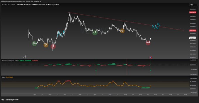 A TradingView chart of VETUSD displays a long-term price trend with various technical indicators, including a red descending trendline and several marked points.
