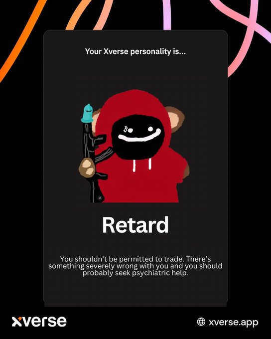 A dark mobile app screen from 'xverse' displays a 'Xverse personality' result labeling the user 'Retard' with a mocking message, featuring a cartoon red-hooded figure.