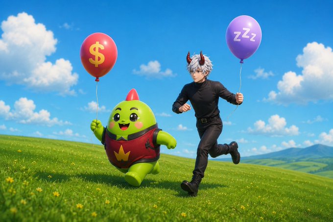 ursa, a green monster with horns and a red hat, runs across a grassy field while holding two purple balloons labeled "ZED" against a blue sky backdrop.