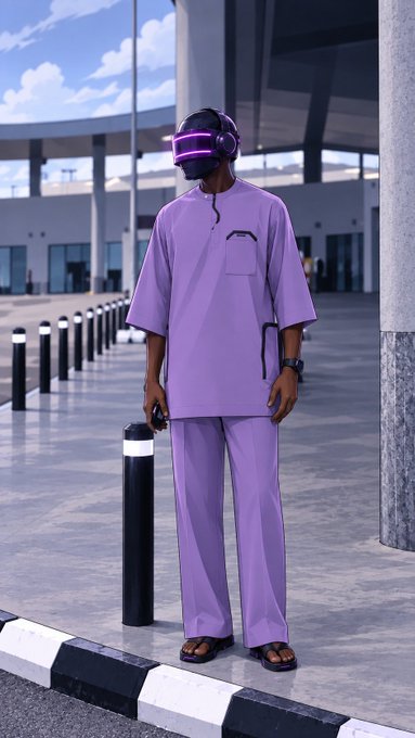 A man wearing a futuristic black helmet with purple LED lights and a lavender two-piece outfit stands on a paved outdoor walkway near black bollards.