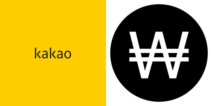 The image features a yellow square with black text that reads "KAKAO" and a white circle with a black line through it, which has the letter "W" written inside of it. The background color of the image is gray.