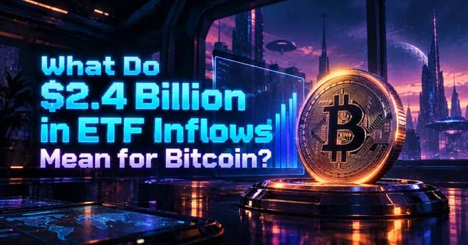 A futuristic cityscape backdrop frames a glowing Bitcoin coin next to bold text reading "What Do $2.4 Billion in ETF Inflows Mean for Bitcoin?" — visually highlighting the surge in institutional crypto investment referenced in the post about U.S. spot Bitcoin ETFs recording their largest weekly inflows since October 2025.