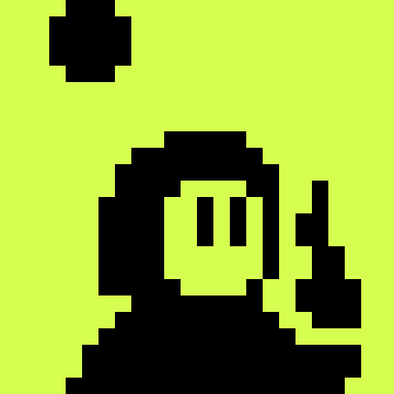 A simple 8-bit pixel art depiction of a dark figure with glasses against a bright yellow-green background.