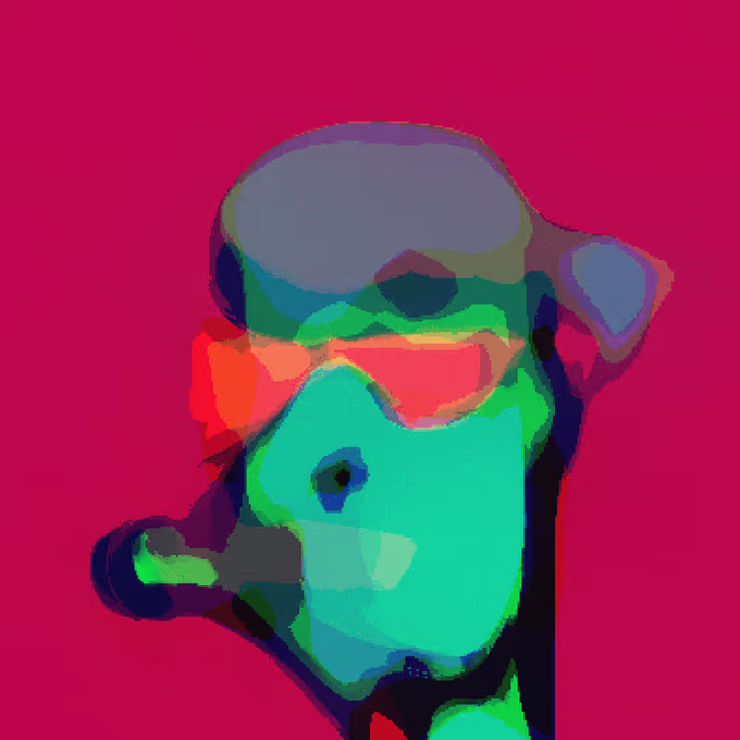 An abstract, painterly digital portrait rendered in bold blocks of teal, green, red, gray, and dark blue against a vibrant magenta background.