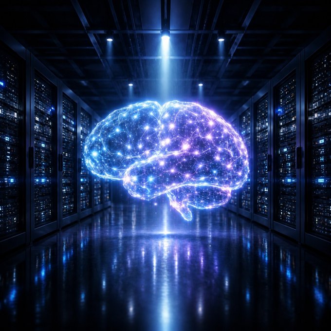 A glowing, wireframe-style brain floats at the center of a dark server room, symbolizing artificial intelligence and the computational infrastructure referenced in the post about Grayscale's Zach Pandl highlighting the AI crypto sector's 54% September gain. The illuminated brain amid rows of servers visually reinforces the emerging "agent economy" built on blockchain infrastructure that investors are reportedly starting to price in.
