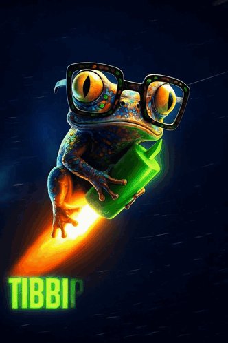 The image features a cartoon frog wearing glasses, holding a green object that appears to be a rocket ship or a gun. The background of the image is dark blue with white stars, giving the impression of space travel. The caption below the image reads "TIBBIR AGENTIC FINANCE IS HERE WITH @COINBASE THIS TIME!".