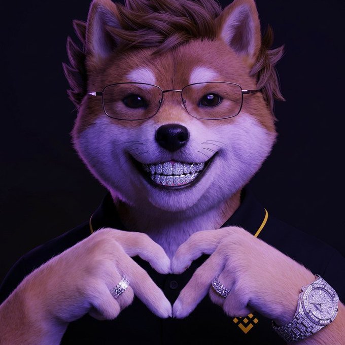 A 3D-rendered anthropomorphic Shiba Inu dog wearing glasses and a black polo shirt, showing off diamond rings and a diamond watch while making a heart shape with its paws against a black background.