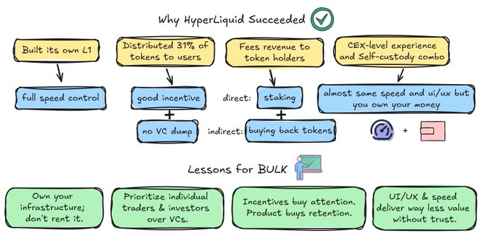 A handwritten-style infographic titled 'Why HyperLiquid Succeeded' outlining four success factors (own L1, distributed 31% tokens, fees to holders, CEX-level experience) and 'Lessons for BULK' with corresponding recommendations.