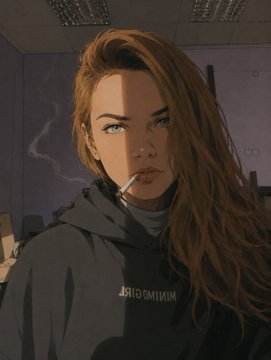 An illustrated portrait of a woman with long brown hair wearing a dark hoodie with "MONOCHROME" text, smoking a cigarette with a serious expression.
