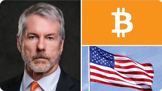 A professional headshot of Michael Saylor appears alongside a Bitcoin (₿) logo and an American flag, visually accompanying his statement that "Bitcoin doesn't need CLARITY, but America does."