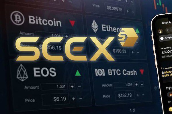 A promotional graphic displaying the 'SCEX' logo over cryptocurrency prices including Bitcoin, Ethereum, EOS, and BTC Cash, with a smartphone visible on the right.
