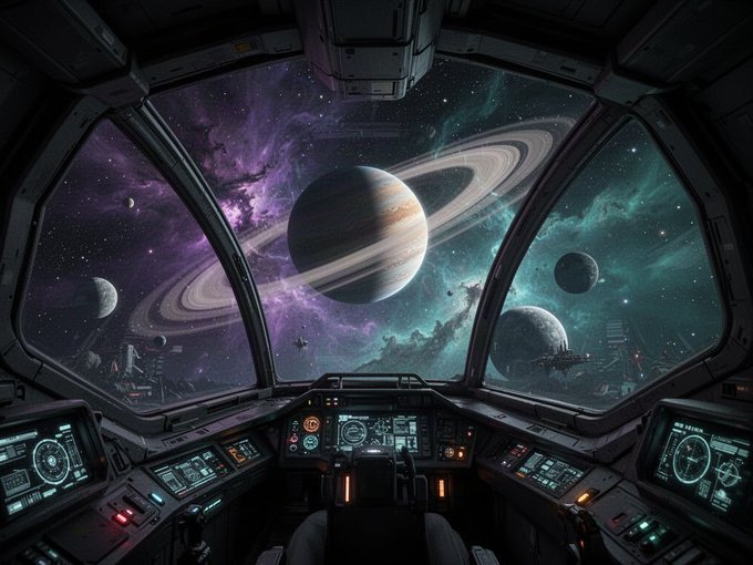 A view from a spacecraft cockpit looking out at a ringed planet similar to Saturn, with smaller moons visible against a colorful purple and teal nebula-filled starfield.